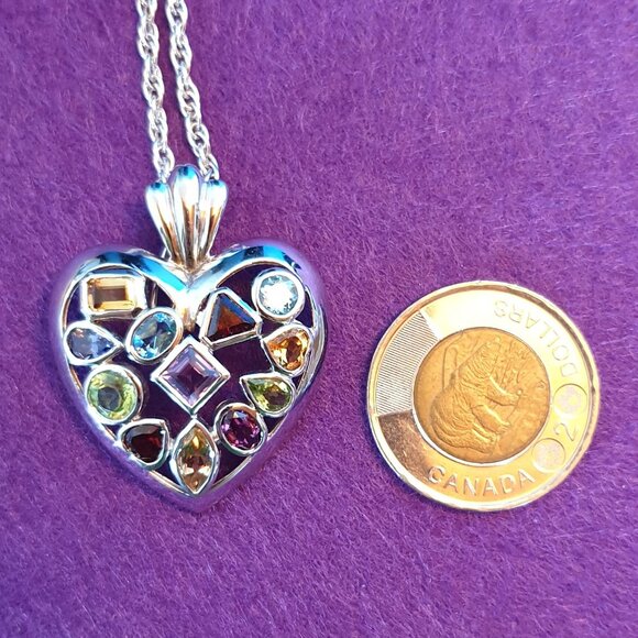 Vintage High Quality Sterling Silver Natural Multi-Gem Heart Pendant Necklace - Picture 7 of 13